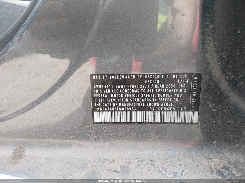 2015 Volkswagen Golf VIN 3VWRA7AU6FM050953 IAAI salvage auction — LEFT FRONT, Salvage (Colorado), sold $2,700 on 2026-07-22 (photo 9)