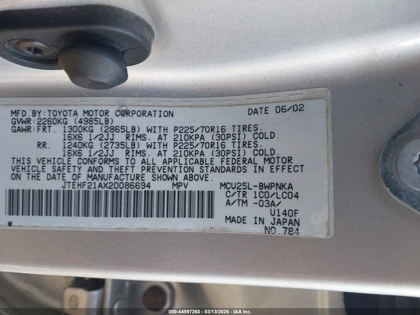 2002 Toyota Highlander VIN JTEHF21AX20086694 IAAI salvage auction — NORMAL WEAR, Clear (Montana), sold $800 on 2026-07-13 (photo 9)