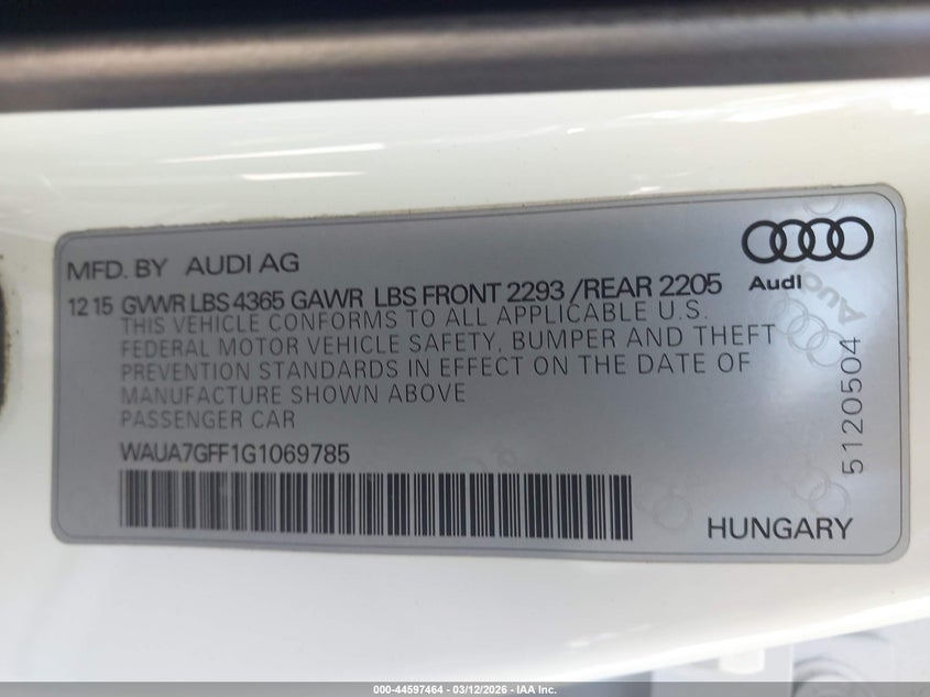 2016 Audi A3 VIN WAUA7GFF1G1069785 IAAI salvage auction — LEFT SIDE, Salvage (California), sold $1,150 on 2026-07-21 (photo 9)