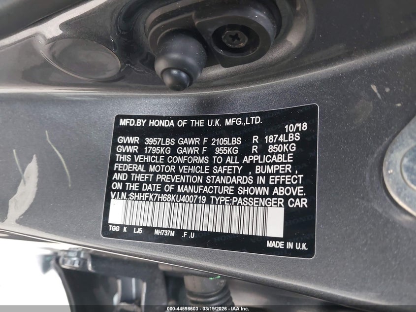 2019 Honda Civic VIN SHHFK7H68KU400719 IAAI salvage auction — FRONT & REAR, Salvage (Massachusetts), sold $2,150 on 2026-07-31 (photo 9)