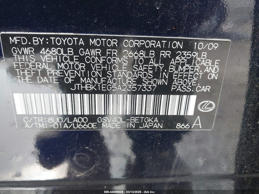 2010 Lexus ES VIN JTHBK1EG5A2357337 IAAI salvage auction — SIDE, Salvage - Greater Than 75% (Maryland), sold $650 on 2026-07-08 (photo 9)