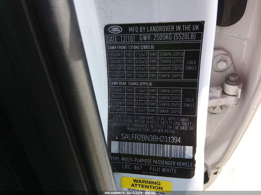 2011 Land rover Lr2 VIN SALFR2BN3BH231394 IAAI salvage auction — LEFT REAR, Salvage (Missouri), sold $25 on 2026-07-21 (photo 9)
