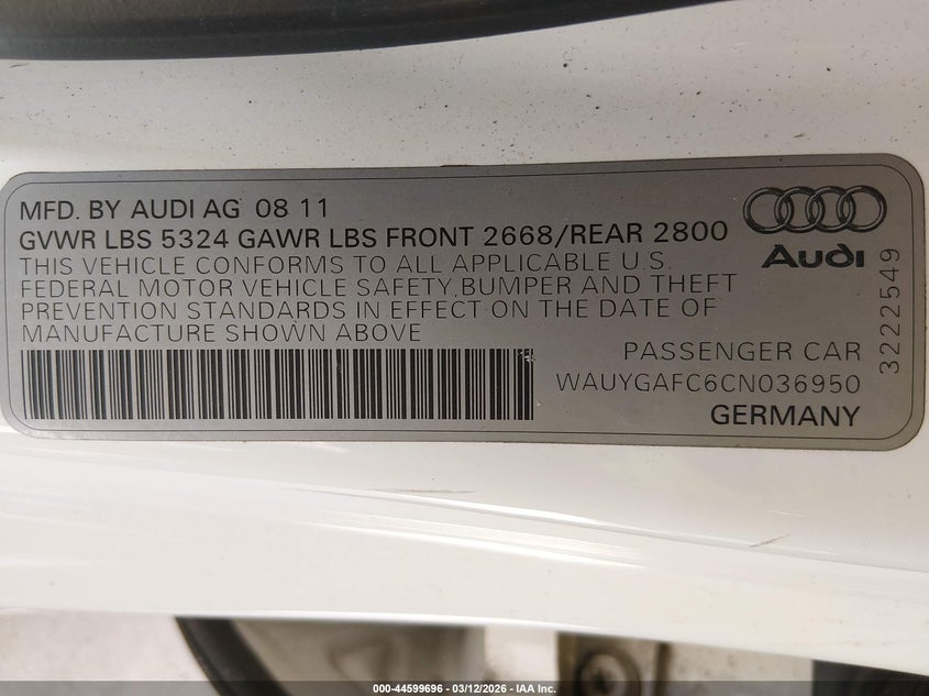 2012 Audi A7 VIN WAUYGAFC6CN036950 IAAI salvage auction — FRONT END, Salvage Title, sold $1,650 on 2026-07-21 (photo 9)