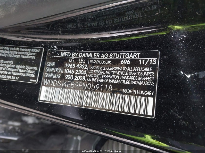 2014 Mercedes-benz Cla-klasse VIN WDDSJ4EB9EN059118 IAAI salvage auction — FRONT END, Salvage (Michigan), sold $1,200 on 2026-08-13 (photo 9)