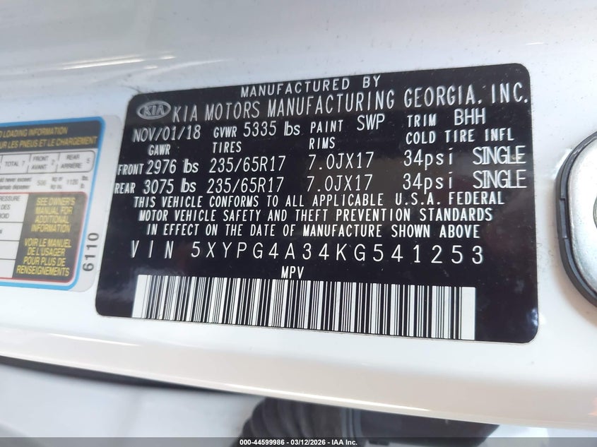 2019 Kia Sorento VIN 5XYPG4A34KG541253 IAAI salvage auction — FRONT END, Salvage (Georgia), sold $1,950 on 2026-07-10 (photo 9)