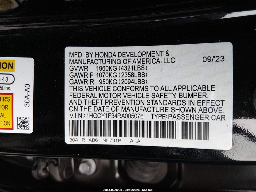 2024 Honda Accord VIN 1HGCY1F34RA005076 IAAI salvage auction — LEFT SIDE, Salvage (New Jersey), sold $8,050 on 2026-07-30 (photo 9)