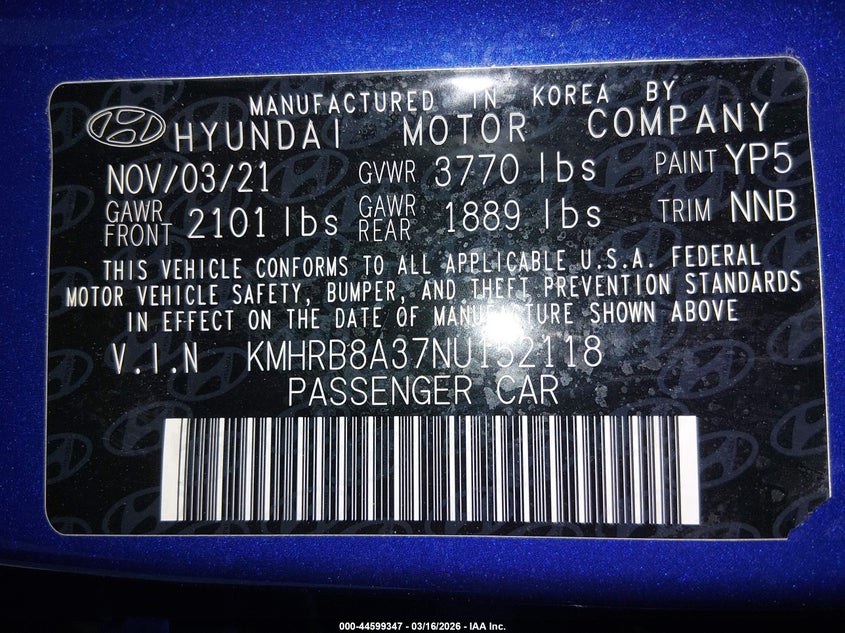 2022 Hyundai Venue VIN KMHRB8A37NU152118 IAAI salvage auction — FRONT & REAR, Salvage (New Jersey), sold $3,300 on 2026-07-06 (photo 9)