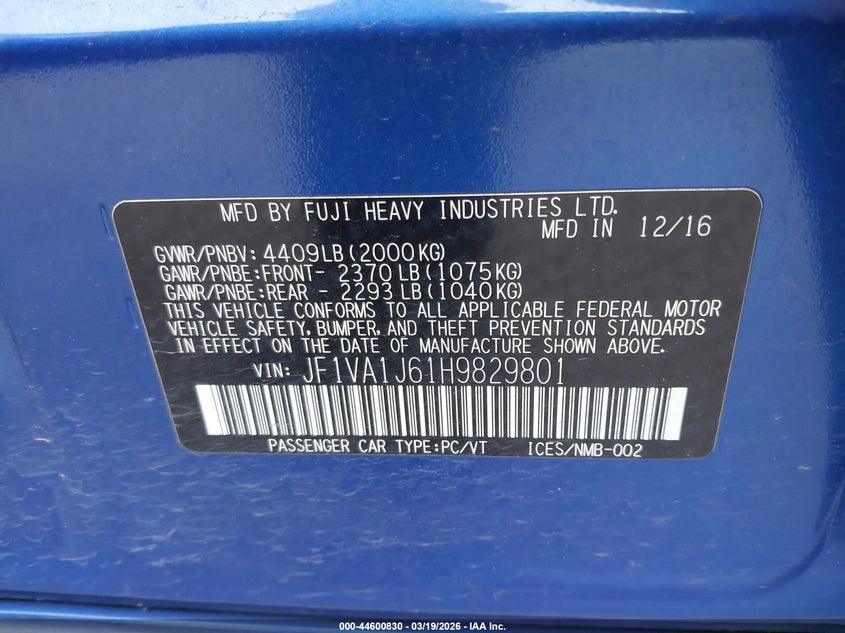 2017 Subaru Wrx VIN JF1VA1J61H9829801 IAAI salvage auction — FRONT & REAR, Salvage (Oregon), sold $3,350 on 2026-07-09 (photo 9)
