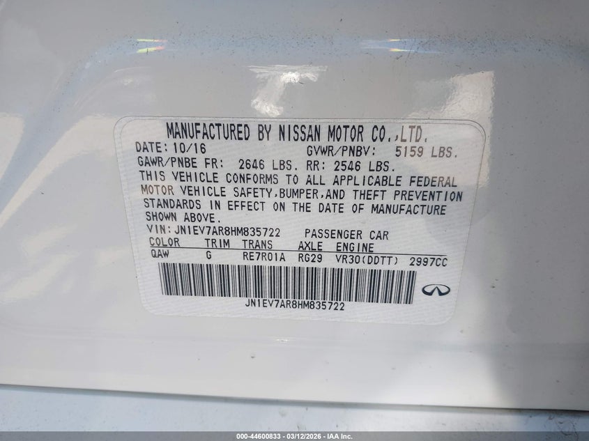 2017 Infiniti Q50 VIN JN1EV7AR8HM835722 IAAI salvage auction — UNKNOWN, Salvage Title, sold $3,700 on 2026-07-24 (photo 9)