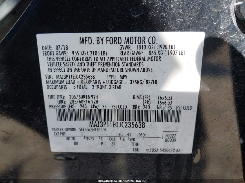 2018 Ford Ecosport VIN MAJ3P1TE0JC235638 IAAI salvage auction — FRONT END, Salvage Title, sold $25 on 2026-07-21 (photo 9)