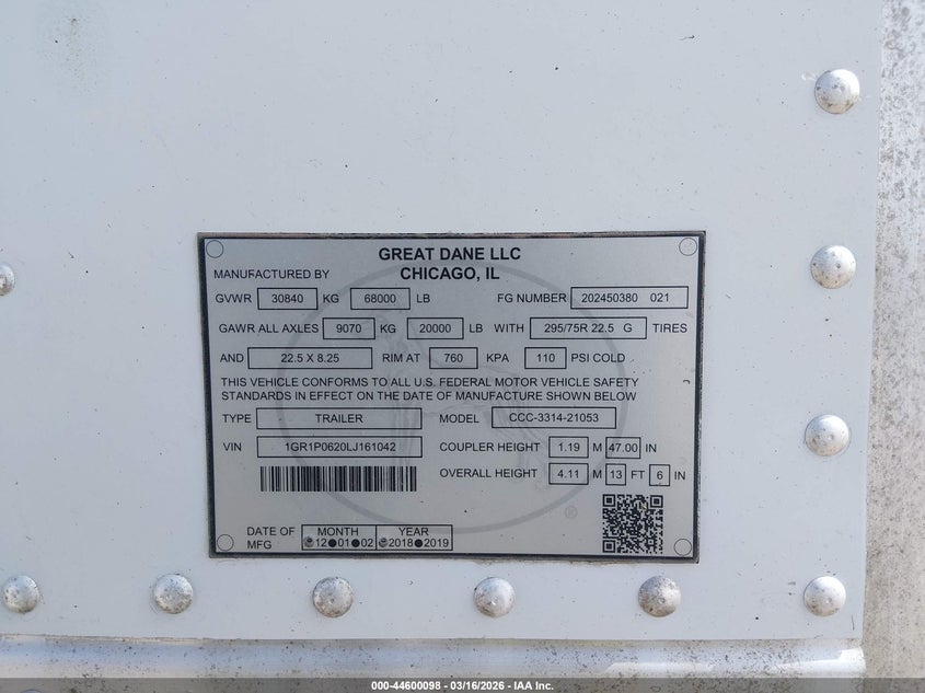 2020 Great dane trailers Dry van VIN 1GR1P0620LJ161042 IAAI salvage auction — SIDE, Salvage (Texas), sold $6,300 on 2026-07-29 (photo 9)