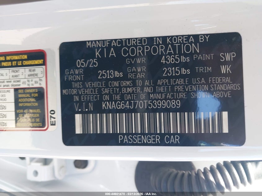 2026 Kia K5 VIN KNAG64J70T5399089 IAAI salvage auction — FRONT END, Salvage Title, sold $11,600 on 2026-08-26 (photo 9)