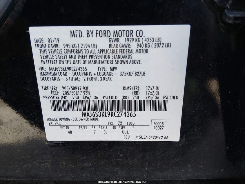 2019 Ford Ecosport VIN MAJ6S3KL9KC274365 IAAI salvage auction — ALL OVER, Salvage (Missouri), sold $800 on 2026-07-16 (photo 9)