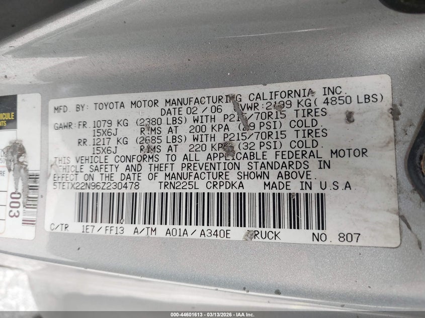 2006 Toyota Tacoma VIN 5TETX22N96Z230478 IAAI salvage auction — FRONT END, Rebuildable (Florida), sold $2,600 on 2026-07-09 (photo 9)