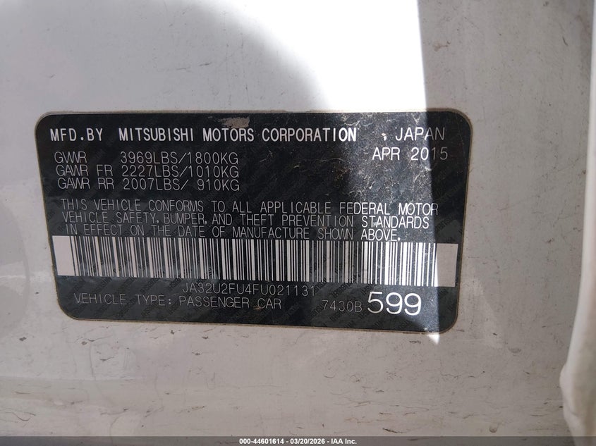 2015 Mitsubishi Lancer VIN JA32U2FU4FU021131 IAAI salvage auction — FRONT & REAR, Salvage Title, sold $600 on 2026-07-24 (photo 9)