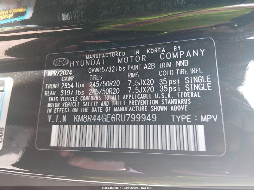 2024 Hyundai Palisade VIN KM8R44GE6RU799949 IAAI salvage auction — FRONT END, Salvage Title, sold $10,800 on 2026-07-29 (photo 9)