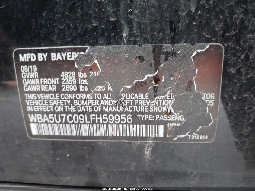 2020 BMW 3er VIN WBA5U7C09LFH59956 IAAI salvage auction — FRONT & REAR, Salvage (Oregon), sold $9,250 on 2026-07-23 (photo 9)