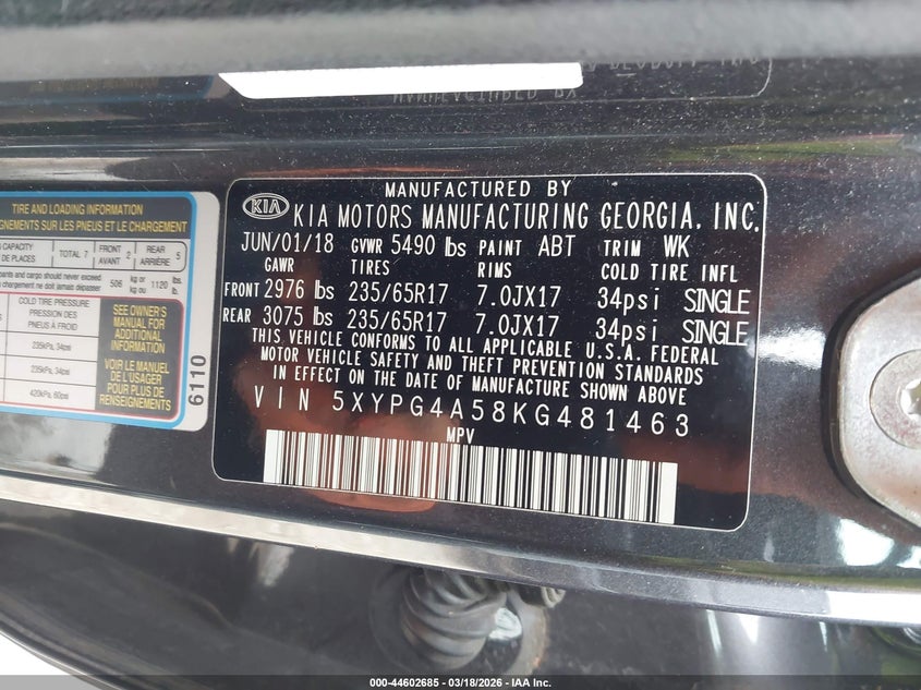 2019 Kia Sorento VIN 5XYPG4A58KG481463 IAAI salvage auction — FRONT END, Clear (Tennessee), sold $2,350 on 2026-07-15 (photo 9)