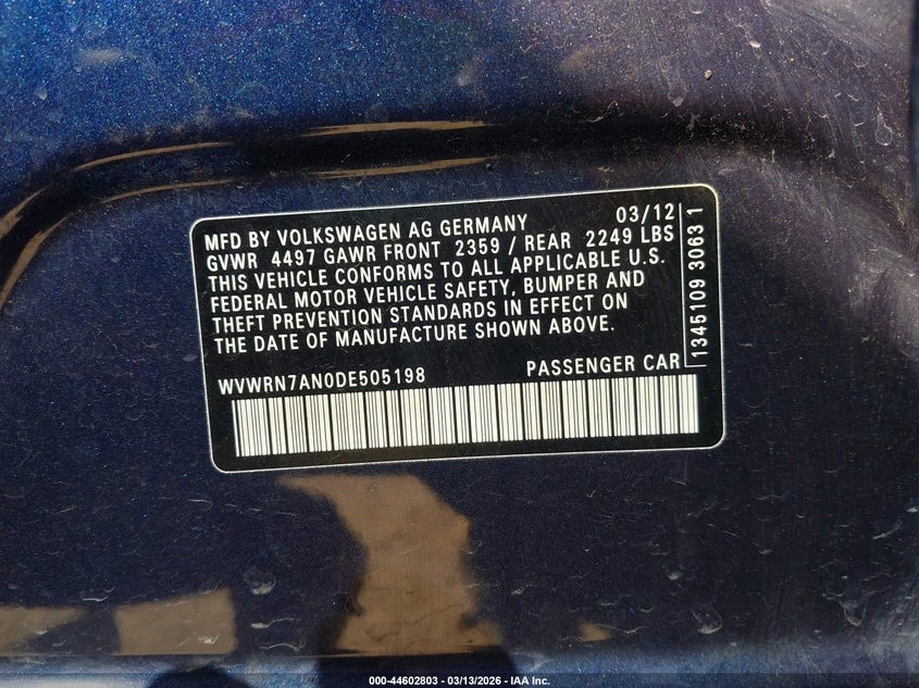 2013 Volkswagen Passat cc VIN WVWRN7AN0DE505198 IAAI salvage auction — FRONT END, Salvage Title, sold $875 on 2026-07-07 (photo 9)