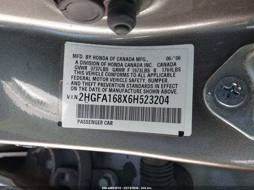 2006 Honda Civic VIN 2HGFA168X6H523204 IAAI salvage auction — LEFT FRONT, Salvage (California), sold $700 on 2026-07-09 (photo 9)