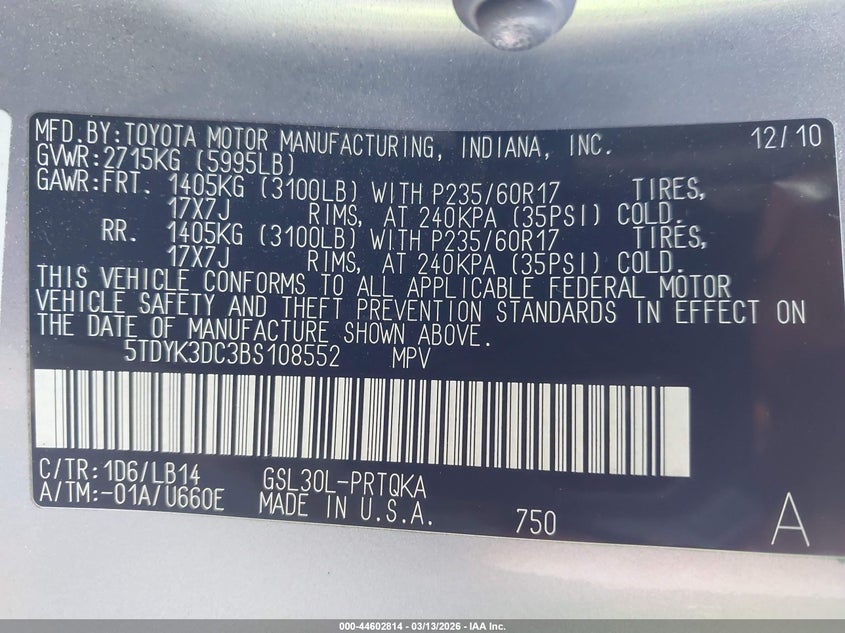 2011 Toyota Sienna VIN 5TDYK3DC3BS108552 IAAI salvage auction — REAR END, Salvage (California), sold $1,650 on 2026-07-29 (photo 9)