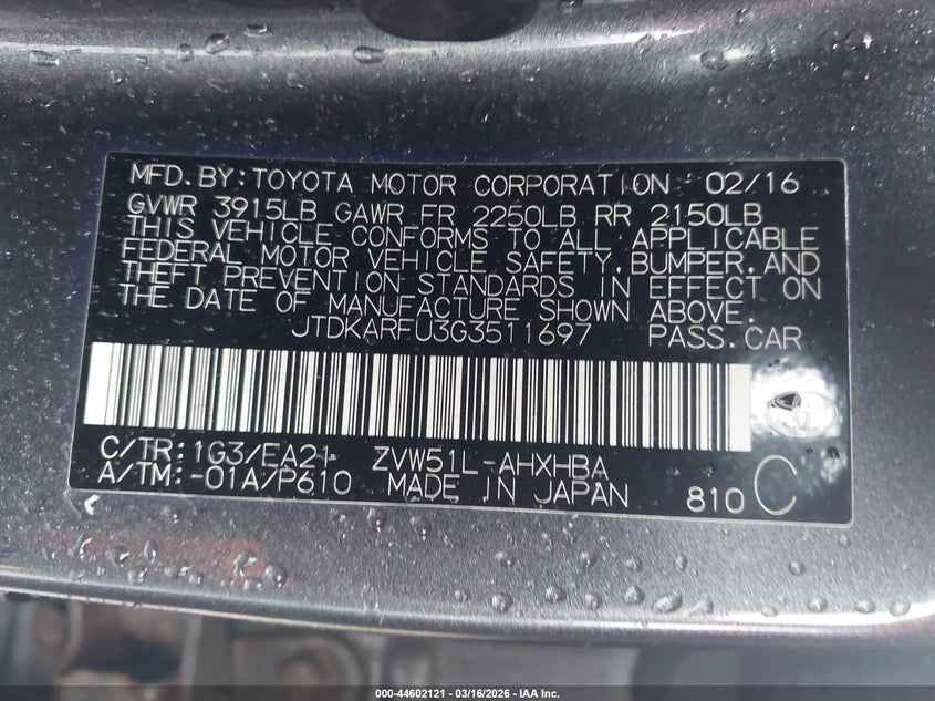 2016 Toyota Prius VIN JTDKARFU3G3511697 IAAI salvage auction — FRONT & REAR, Salvage Title, sold $1,850 on 2026-07-10 (photo 9)