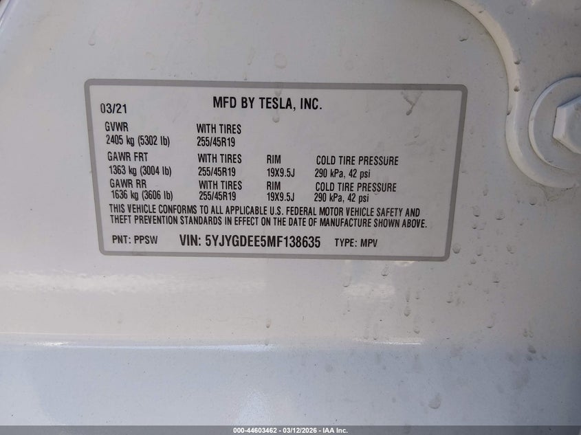 2021 Tesla Model y VIN 5YJYGDEE5MF138635 IAAI salvage auction — RIGHT FRONT, Salvage Title, sold $5,275 on 2026-07-10 (photo 9)