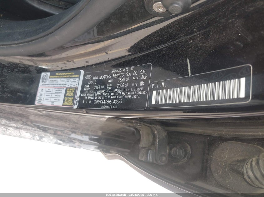 2017 Kia Forte VIN 3KPFK4A78HE043835 IAAI salvage auction — FRONT END, Wait Title, sold $1,050 on 2026-08-30 (photo 9)