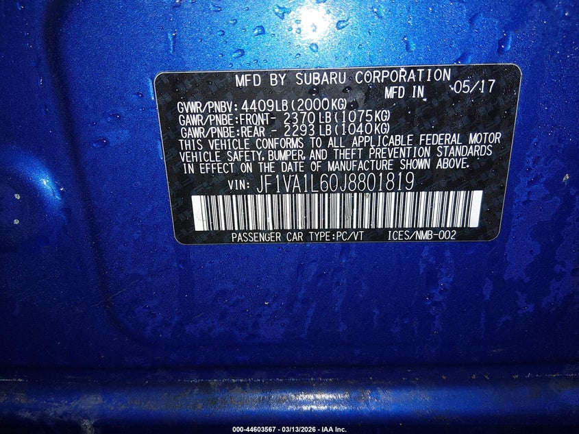 2018 Subaru Wrx VIN JF1VA1L60J8801819 IAAI salvage auction — ALL OVER, Salvage Title, sold $125 on 2026-07-24 (photo 9)