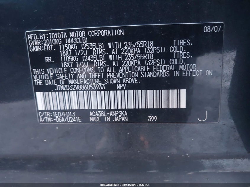 2008 Toyota Rav4 VIN JTMZD32V886053933 IAAI salvage auction — LEFT FRONT, Salvage (Pennsylvania), sold $2,300 on 2026-07-17 (photo 9)