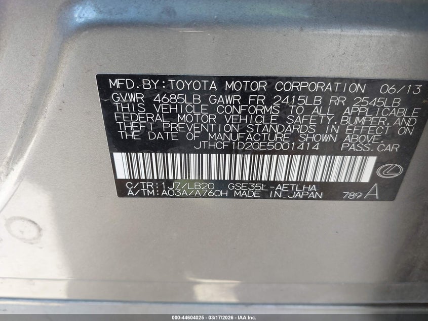 2014 Lexus Is VIN JTHCF1D20E5001414 IAAI salvage auction — FRONT END, Original (Texas), sold $3,550 on 2026-07-14 (photo 9)