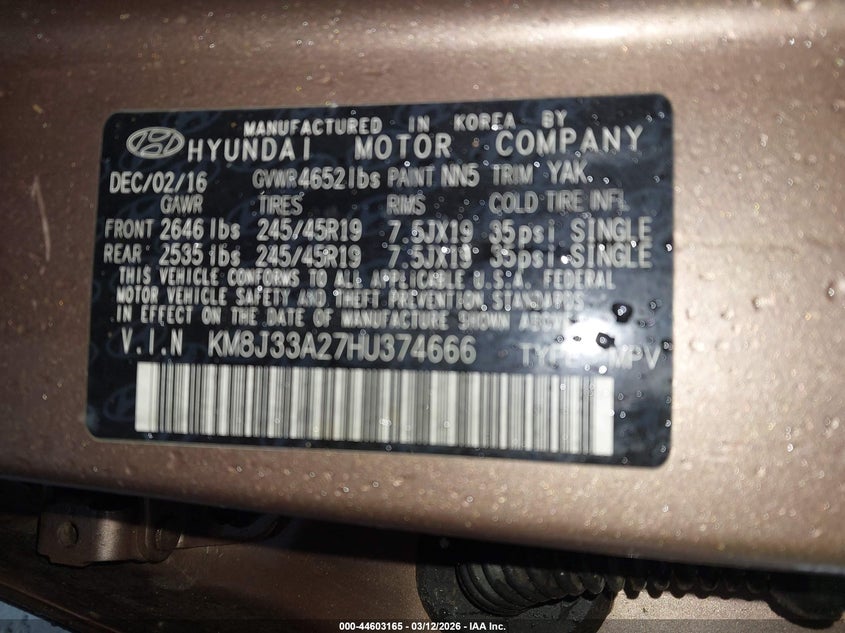 2017 Hyundai Tucson VIN KM8J33A27HU374666 IAAI salvage auction — ALL OVER, Salvage (Hawaii), sold $125 on 2026-07-21 (photo 9)