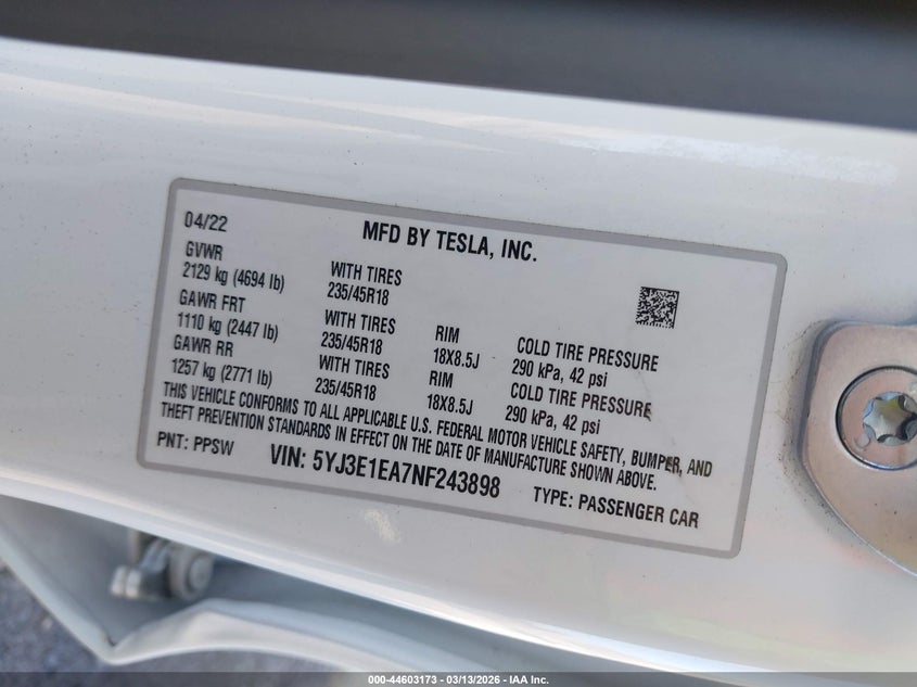 2022 Tesla Model 3 VIN 5YJ3E1EA7NF243898 IAAI salvage auction — FRONT END, Salvage Title, sold $12,000 on 2026-07-15 (photo 9)