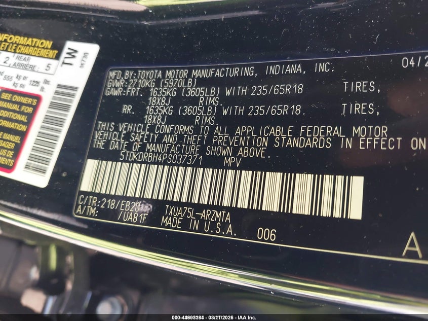 2023 Toyota Highlander VIN 5TDKDRBH4PS037371 IAAI salvage auction — TOTAL BURN, Salvage Title, sold $1,275 on 2026-07-17 (photo 9)