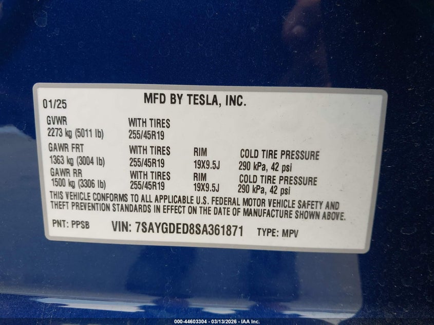 2025 Tesla Model y VIN 7SAYGDED8SA361871 IAAI salvage auction — REAR END, Salvage Title, sold $21,350 on 2026-07-20 (photo 9)