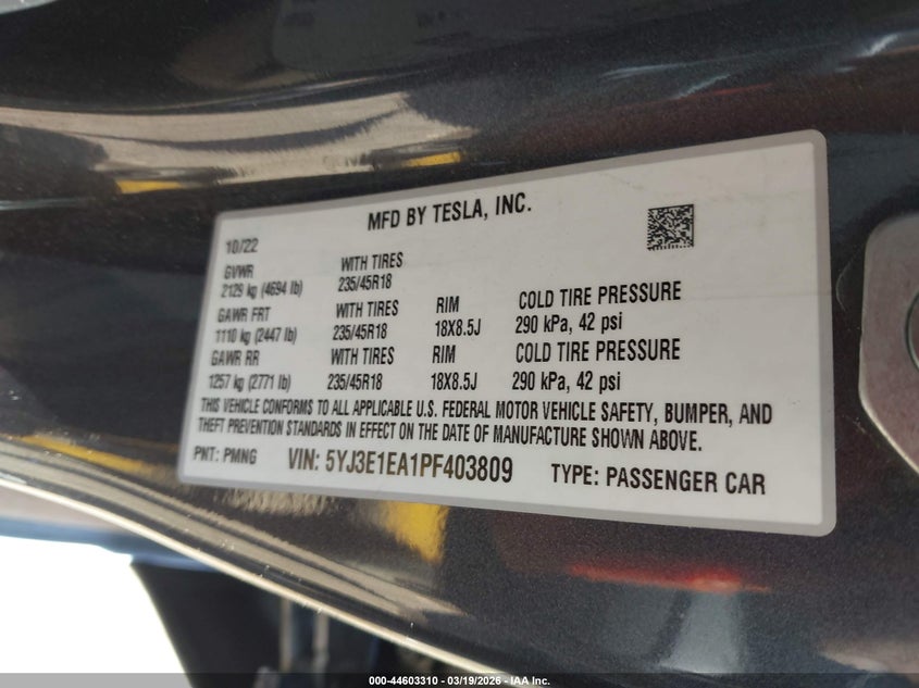 2023 Tesla Model 3 VIN 5YJ3E1EA1PF403809 IAAI salvage auction — REAR END, Salvage Title, sold $25 on 2026-07-21 (photo 9)
