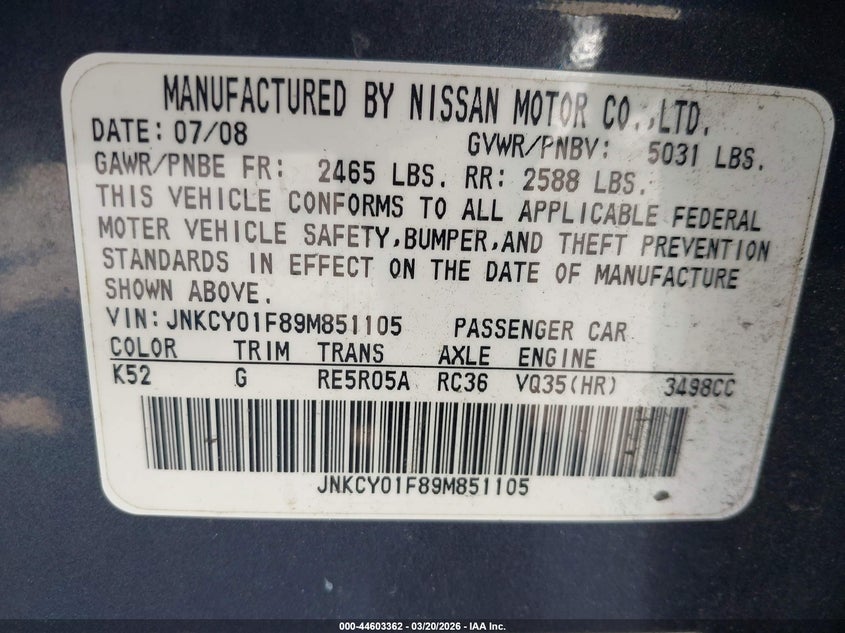 2009 Infiniti M VIN JNKCY01F89M851105 IAAI salvage auction — NORMAL WEAR, Repossession Paperwork (Georgia), sold $475 on 2026-07-15 (photo 9)