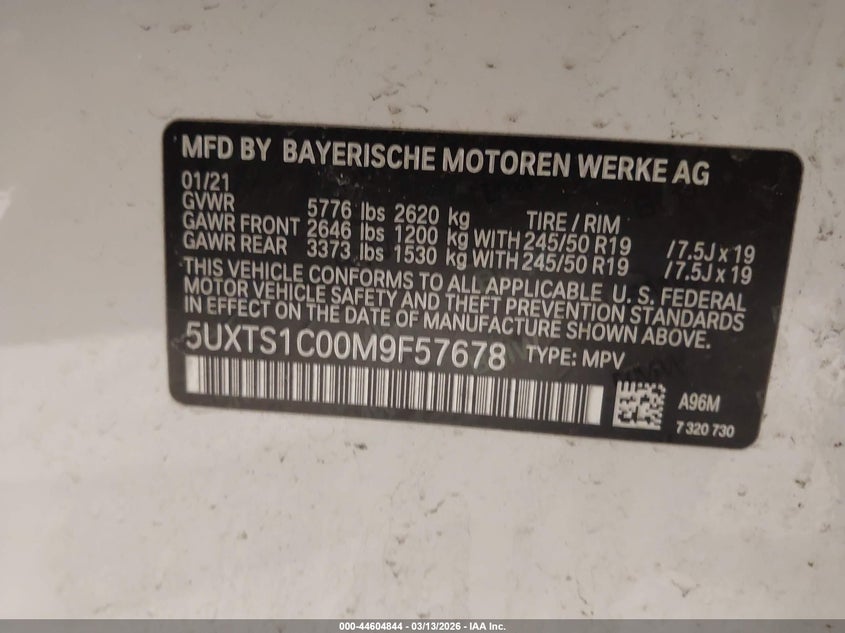 2021 BMW X3 VIN 5UXTS1C00M9F57678 IAAI salvage auction — FRONT END, Salvage (Minnesota), sold $16,500 on 2026-07-09 (photo 9)