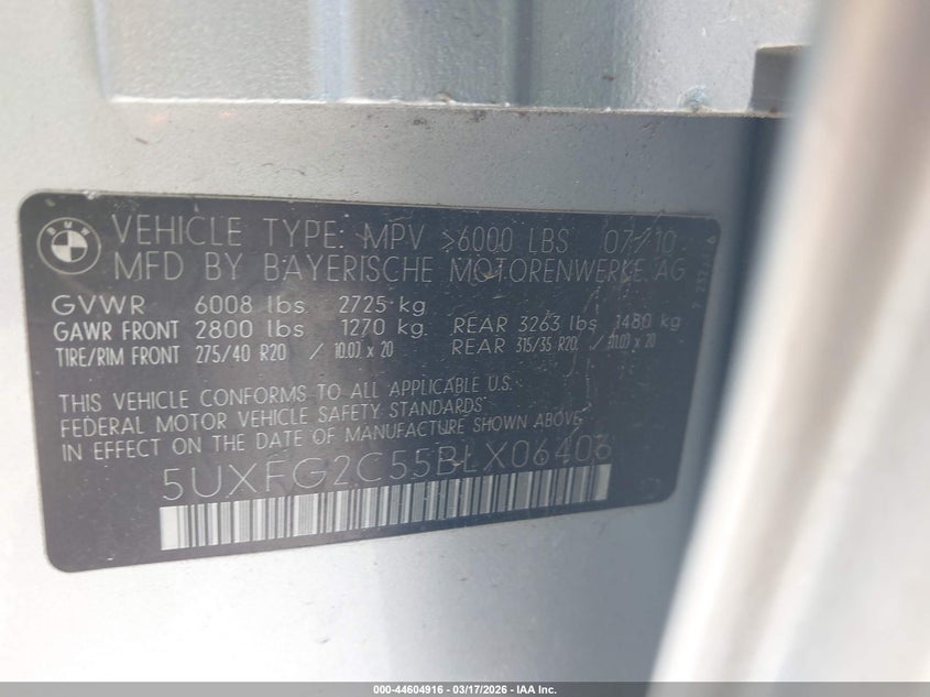 2011 BMW X6 VIN 5UXFG2C55BLX06406 IAAI salvage auction — FRONT END, Salvage - Greater Than 75% (Maryland), sold $1,650 on 2026-07-27 (photo 9)