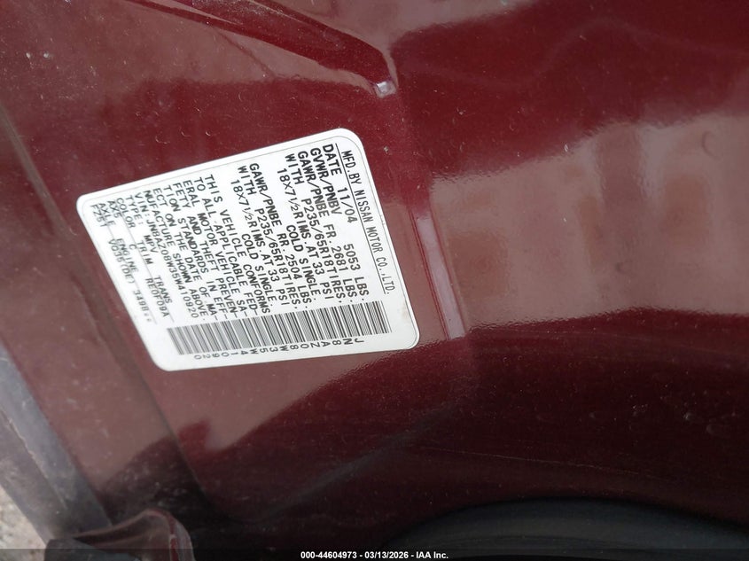 2005 Nissan Murano VIN JN8AZ08W35W410920 IAAI salvage auction — ROLLOVER, Salvage (Illinois), sold $250 on 2026-07-07 (photo 9)