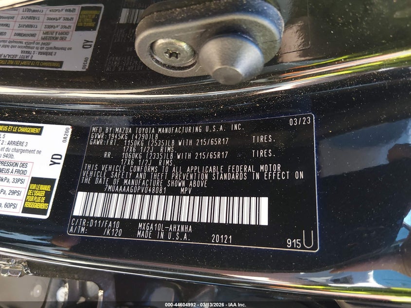 2023 Toyota Corolla cross VIN 7MUAAAAG0PV048081 IAAI salvage auction — BIO HAZARD, Salvage Title, sold $7,050 on 2026-07-07 (photo 9)