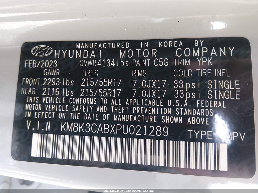 2023 Hyundai Kona VIN KM8K3CABXPU021289 IAAI salvage auction — ENGINE BURN, Salvage Title, sold $225 on 2026-07-22 (photo 9)