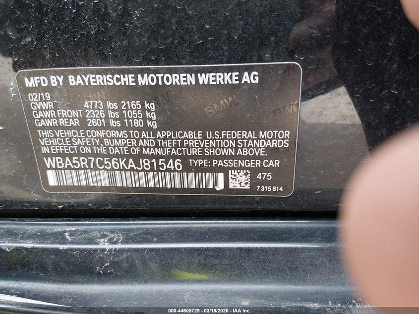 2019 BMW 3er VIN WBA5R7C56KAJ81546 IAAI salvage auction — LEFT SIDE, Salvage Title, sold $7,500 on 2026-07-20 (photo 9)