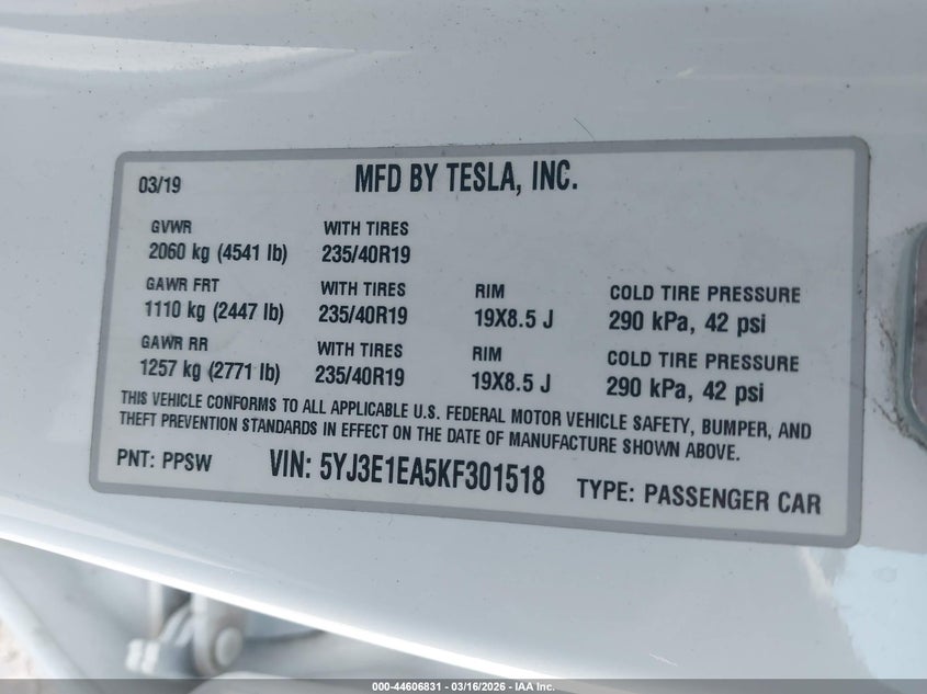 2019 Tesla Model 3 VIN 5YJ3E1EA5KF301518 IAAI salvage auction — FRONT END, Original (Texas), sold $5,450 on 2026-07-16 (photo 9)