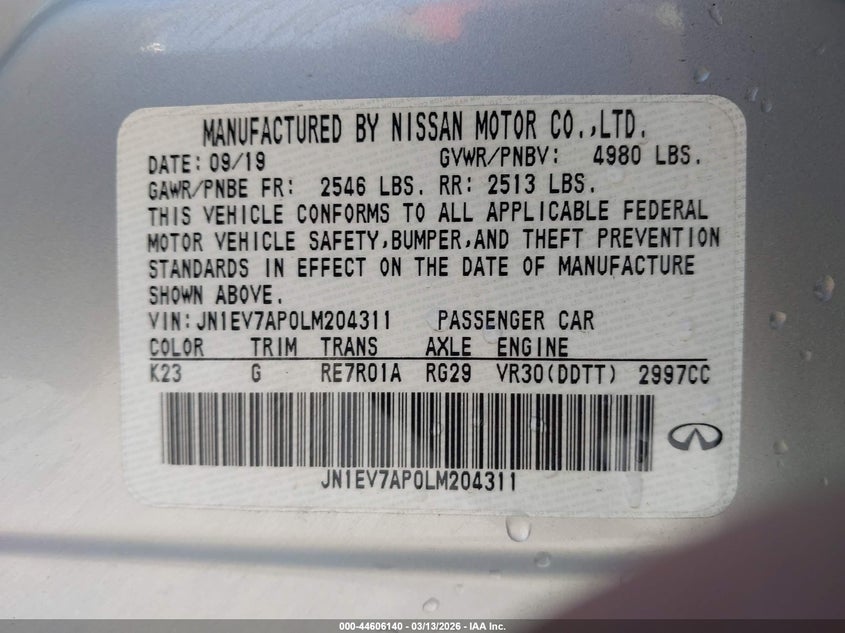2020 Infiniti Q50 VIN JN1EV7AP0LM204311 IAAI salvage auction — UNDERCARRIAGE, Salvage Title, sold $5,900 on 2026-07-24 (photo 9)