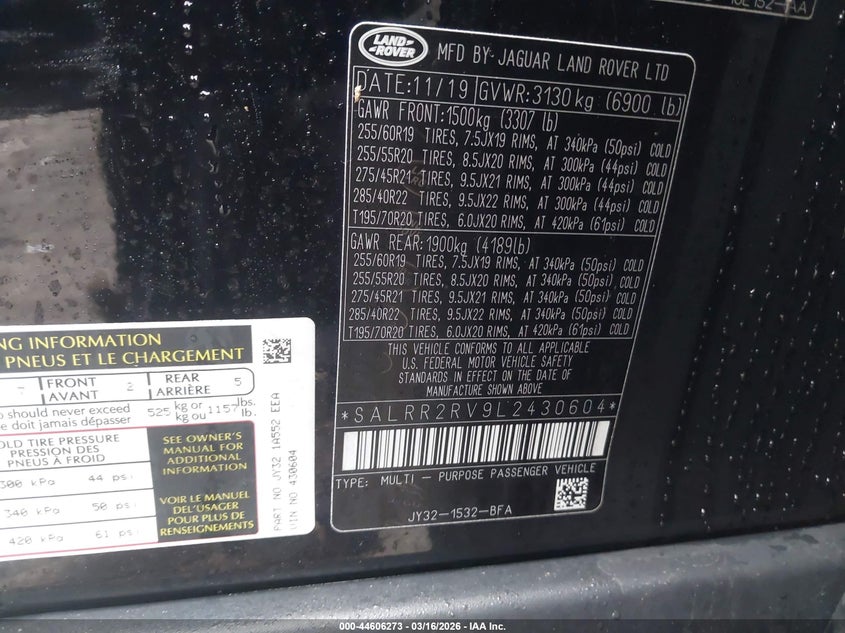 2020 Land rover Discovery VIN SALRR2RV9L2430604 IAAI salvage auction — FRONT END, Salvage (Massachusetts), sold $6,000 on 2026-07-10 (photo 9)