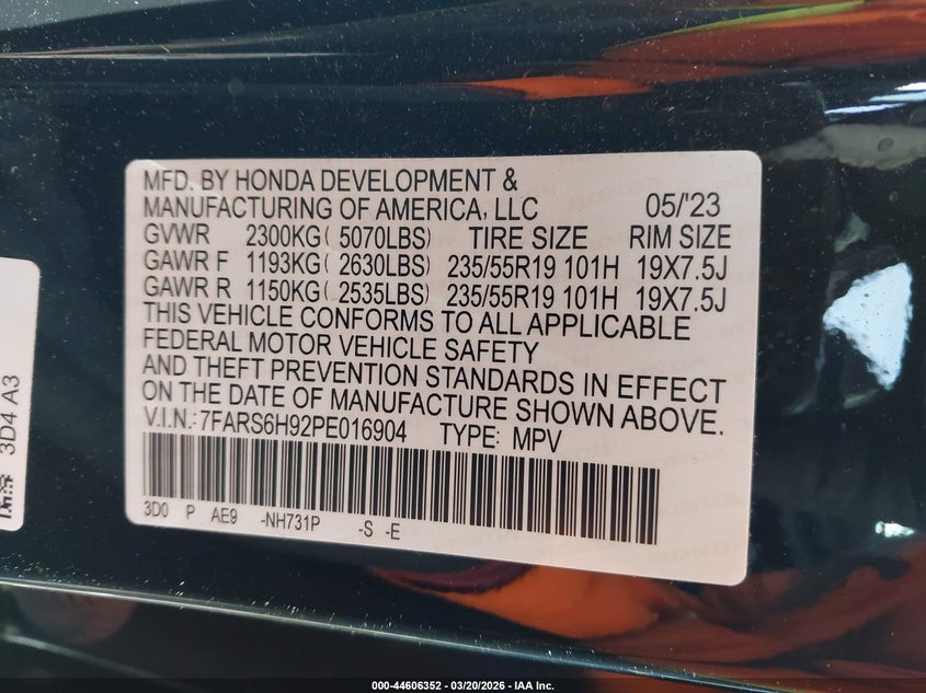 2023 Honda Cr-v VIN 7FARS6H92PE016904 IAAI salvage auction — FRONT END, Salvage Title, sold $7,100 on 2026-07-23 (photo 9)