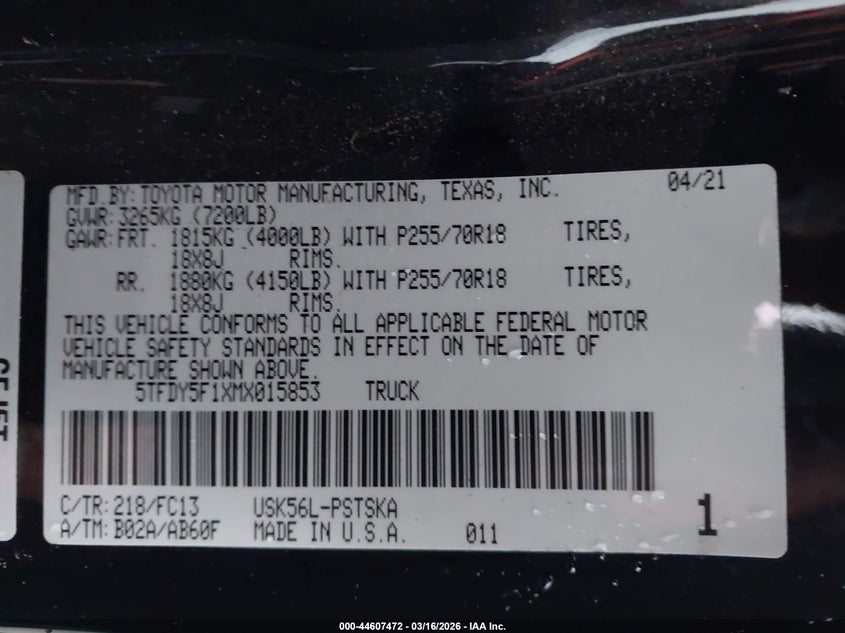 2021 Toyota Tundra VIN 5TFDY5F1XMX015853 IAAI salvage auction — FRONT END, Salvage Title, sold $6,600 on 2026-07-23 (photo 9)