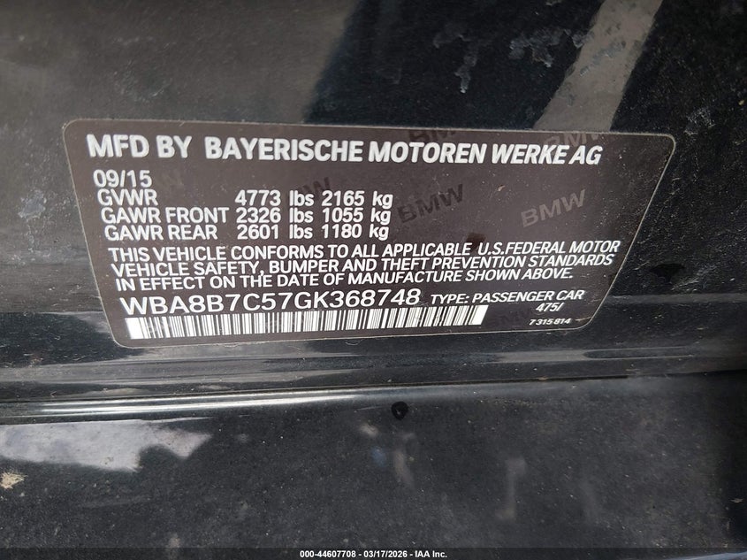 2016 BMW 3er VIN WBA8B7C57GK368748 IAAI salvage auction — THEFT, Salvage - Greater Than 75% (Maryland), sold $7,950 on 2026-08-05 (photo 9)