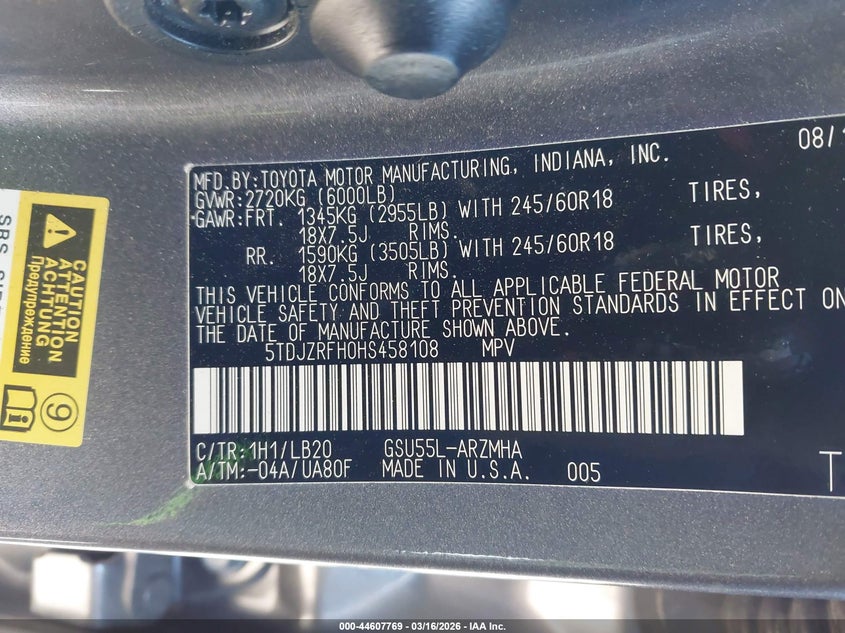 2017 Toyota Highlander VIN 5TDJZRFH0HS458108 IAAI salvage auction — FRONT END, Salvage (Texas), sold $8,000 on 2026-07-30 (photo 9)